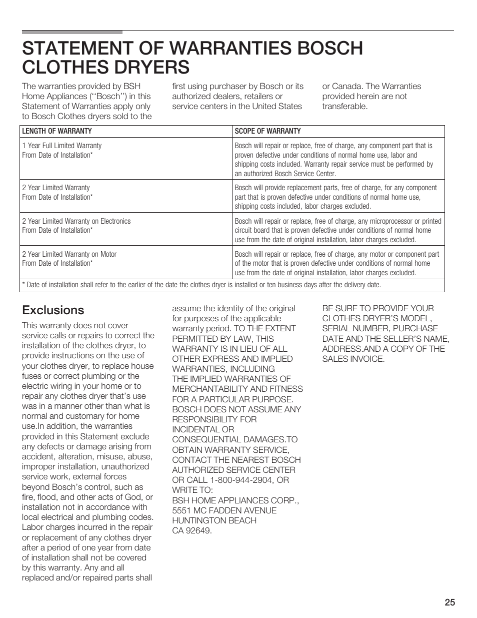 Statement of warranties bosch clothes dryers, Exclusions | Bosch WTA 4410 CN User Manual | Page 25 / 76