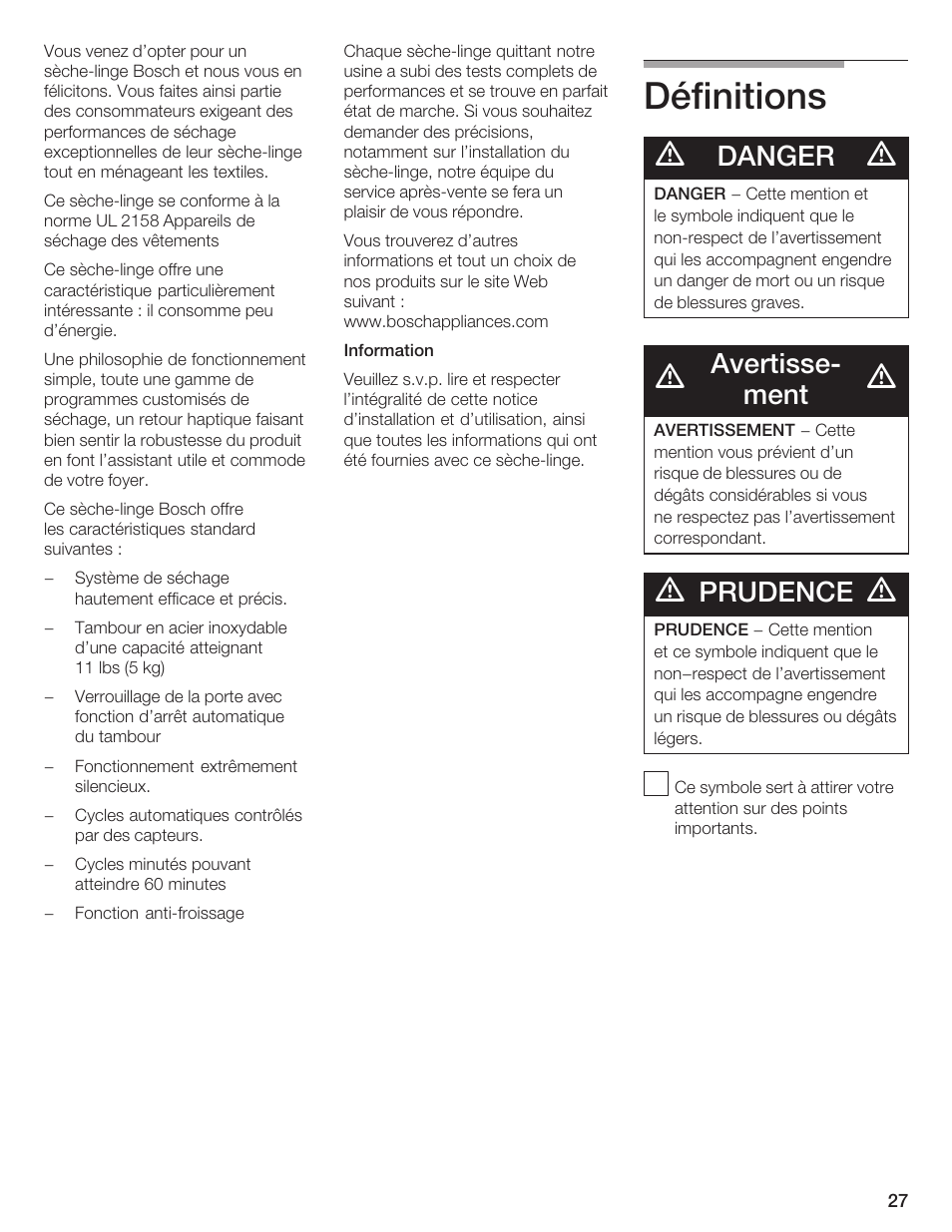 Définitions, Danger, Avertisseć ment | Prudence | Bosch WTA 4410 CN User Manual | Page 27 / 76