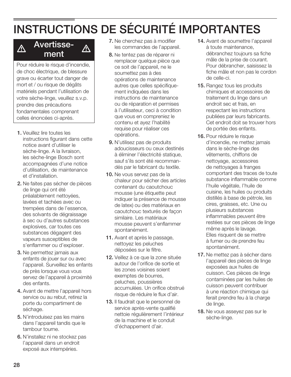 Instructions de sécurité importantes, Avertisseć ment | Bosch WTA 4410 CN User Manual | Page 28 / 76