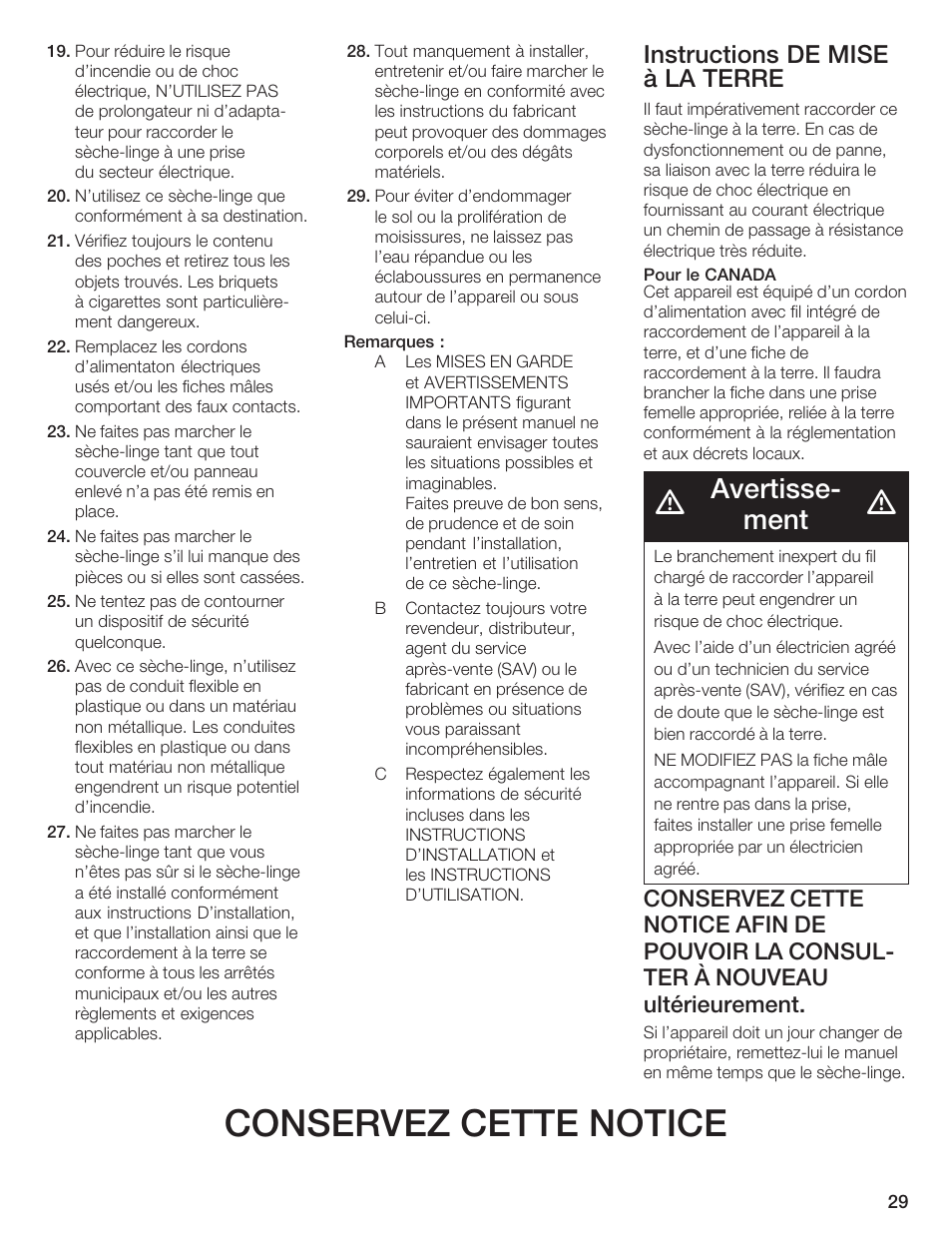 Conservez cette notice, Avertisseć ment, Instructions de mise à la terre | Bosch WTA 4410 CN User Manual | Page 29 / 76