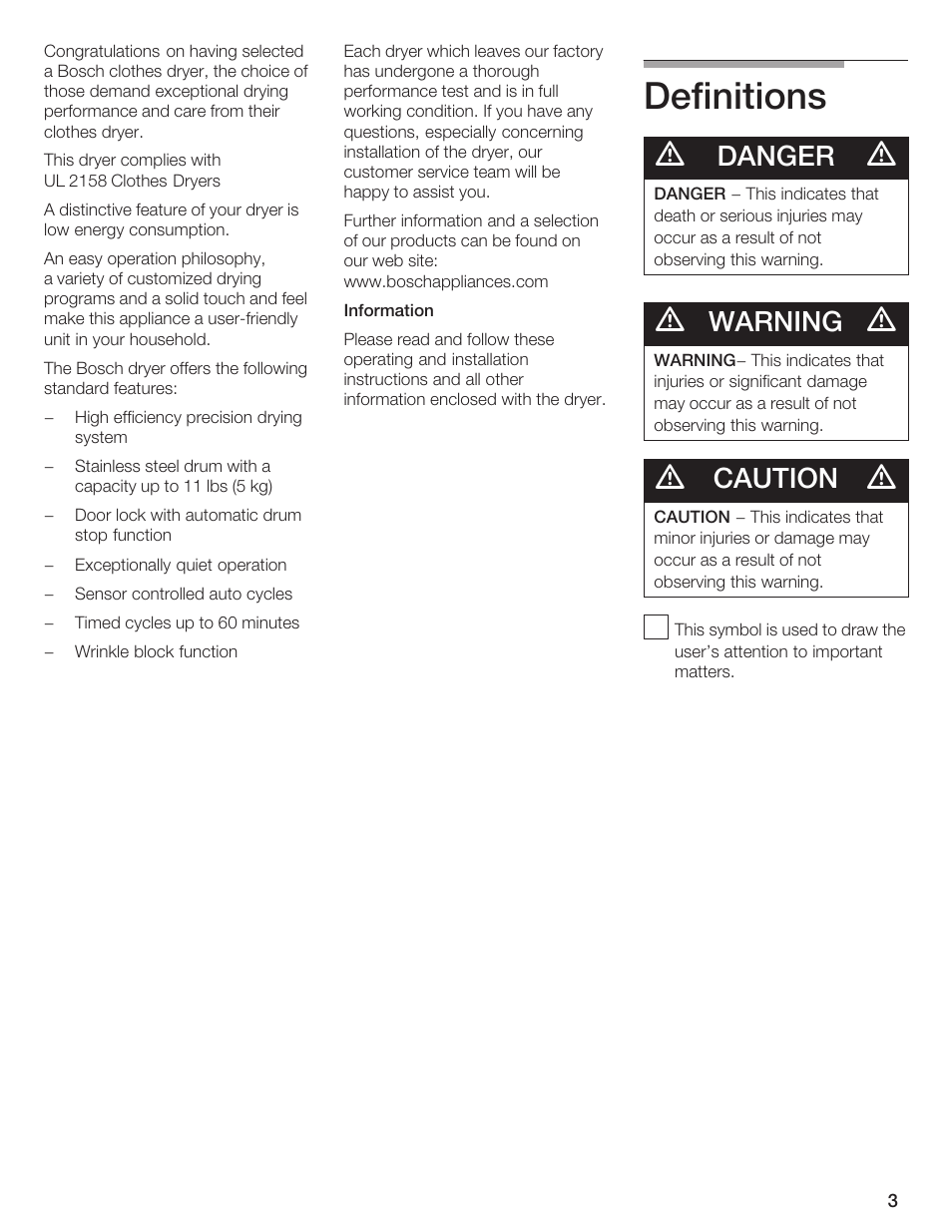 Definitions, Danger, Warning | Caution | Bosch WTA 4410 CN User Manual | Page 3 / 76