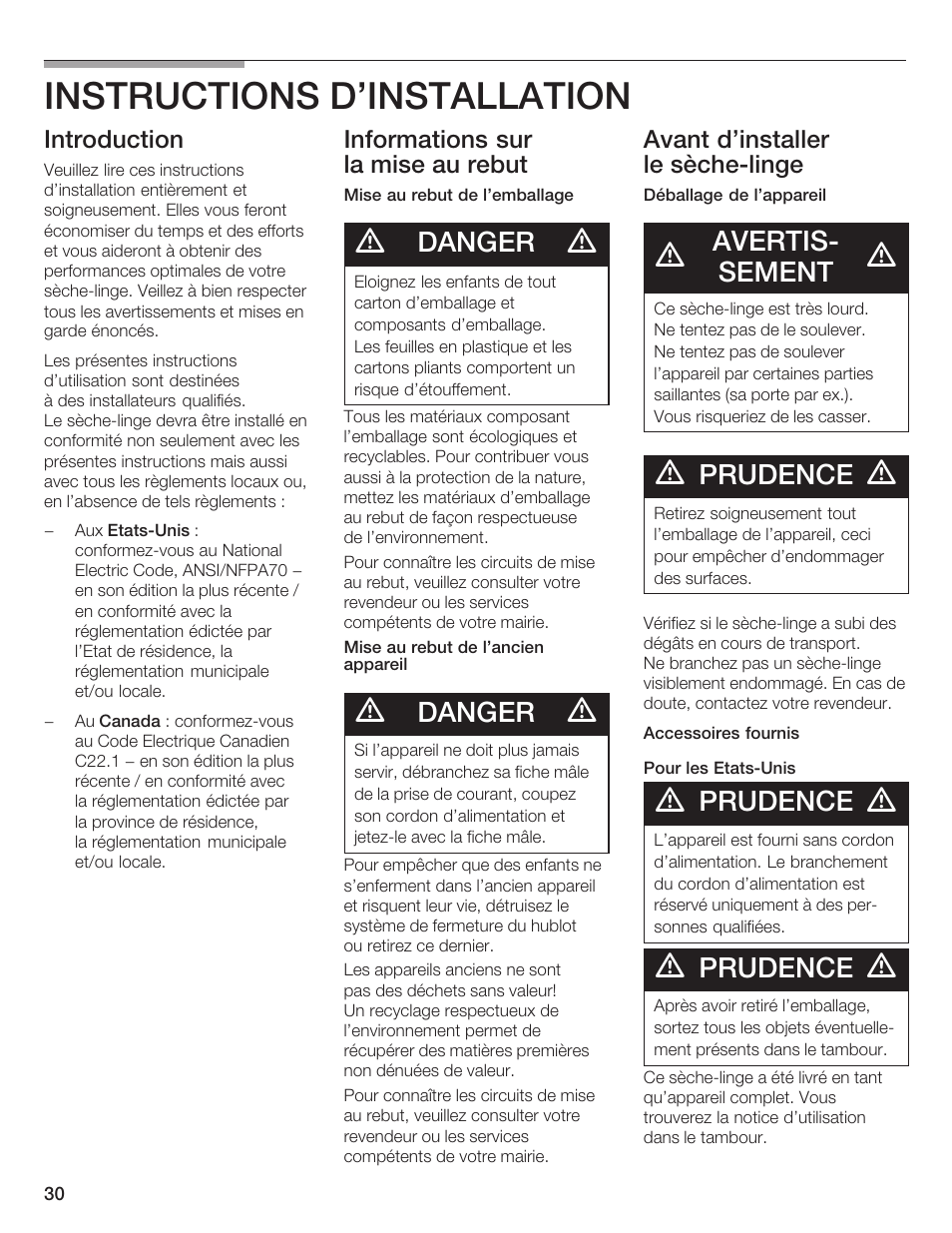 Instructions d'installation, Danger, Avertisć sement | Prudence, Introduction, Informations sur laămise au rebut, Avant d'installer leăsèchećlinge | Bosch WTA 4410 CN User Manual | Page 30 / 76