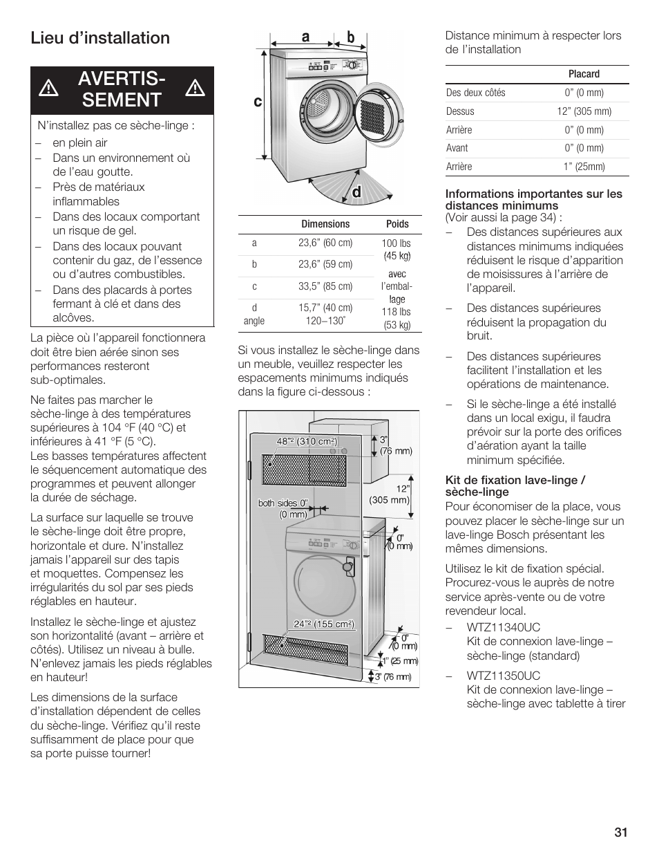 Avertisć sement, Lieu d'installation | Bosch WTA 4410 CN User Manual | Page 31 / 76