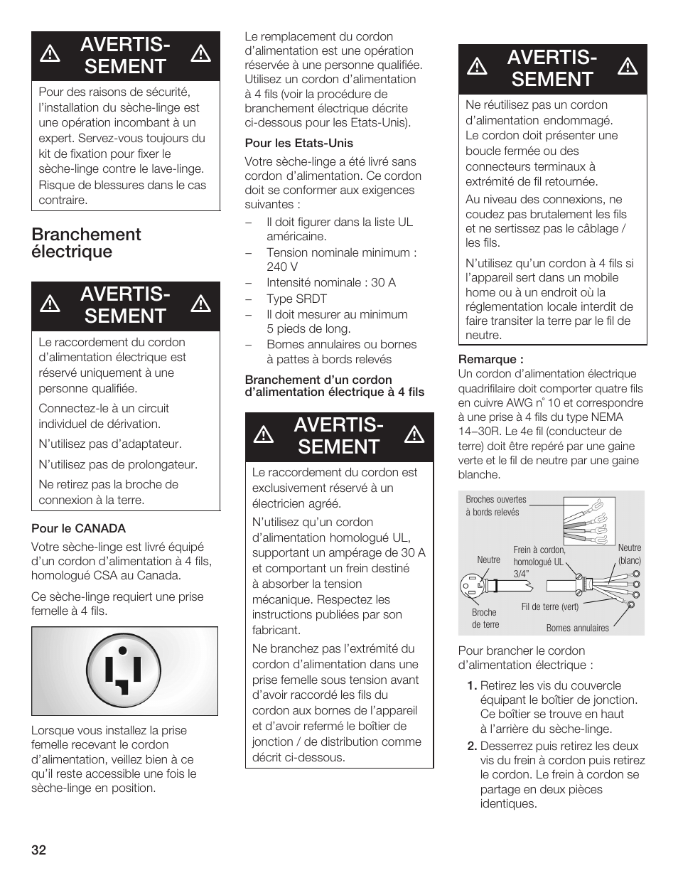 Avertisć sement, Branchement électrique | Bosch WTA 4410 CN User Manual | Page 32 / 76