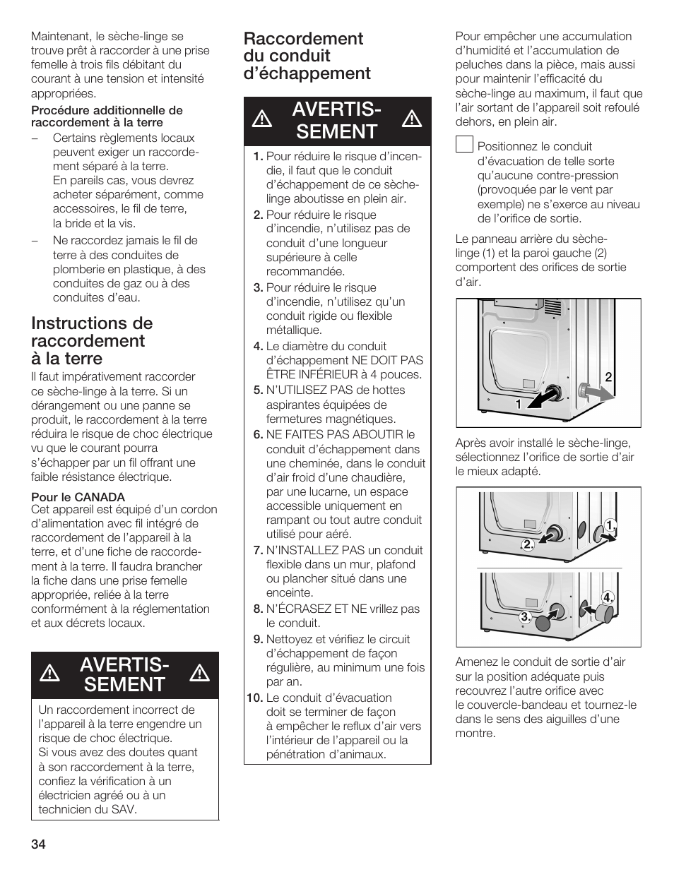 Avertisć sement, Instructions de raccordement àălaăterre, Raccordement duăconduit d'échappement | Bosch WTA 4410 CN User Manual | Page 34 / 76