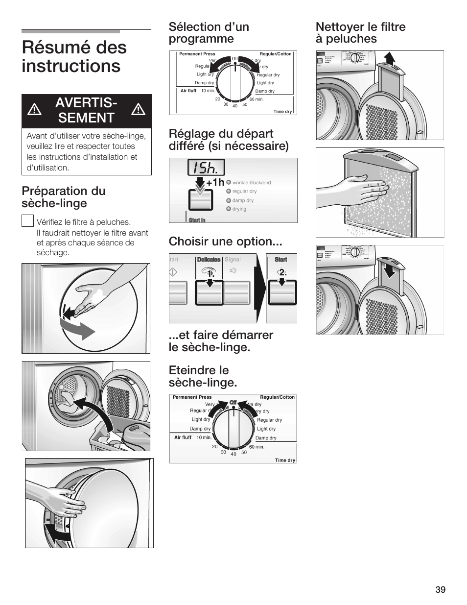 Résumé des instructions, Avertisć sement | Bosch WTA 4410 CN User Manual | Page 39 / 76