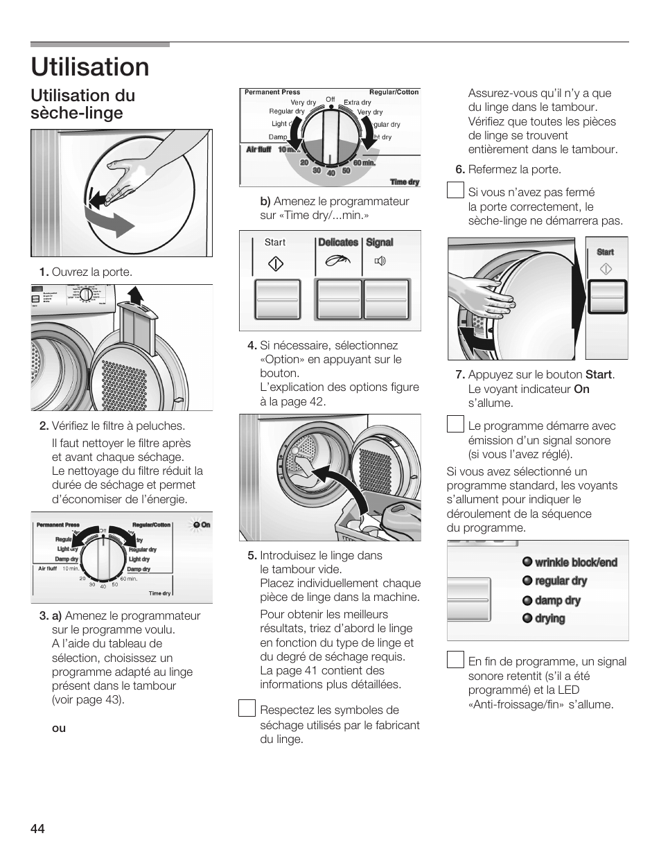 Utilisation, Utilisation du sèchećlinge | Bosch WTA 4410 CN User Manual | Page 44 / 76