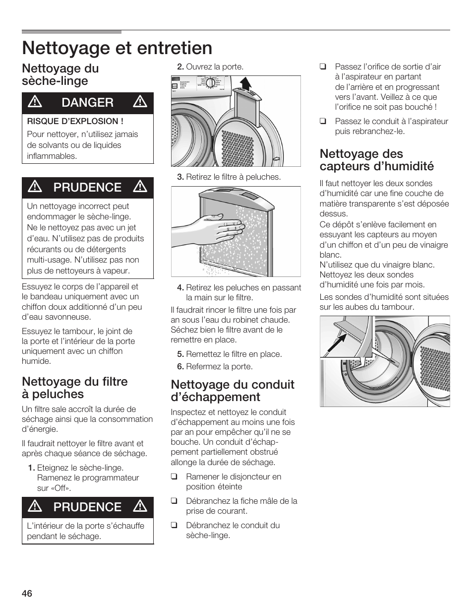 Nettoyage et entretien, Nettoyage du sèchećlinge, Danger | Prudence, Nettoyage du filtre àăpeluches, Nettoyage du conduit d'échappement, Nettoyage des capteurs d'humidité | Bosch WTA 4410 CN User Manual | Page 46 / 76