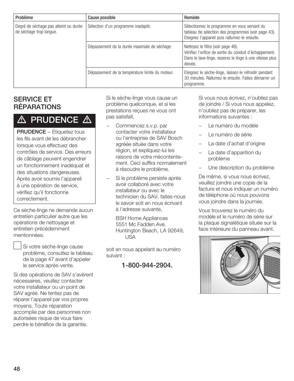 Prudence, Service et réparations | Bosch WTA 4410 CN User Manual | Page 48 / 76