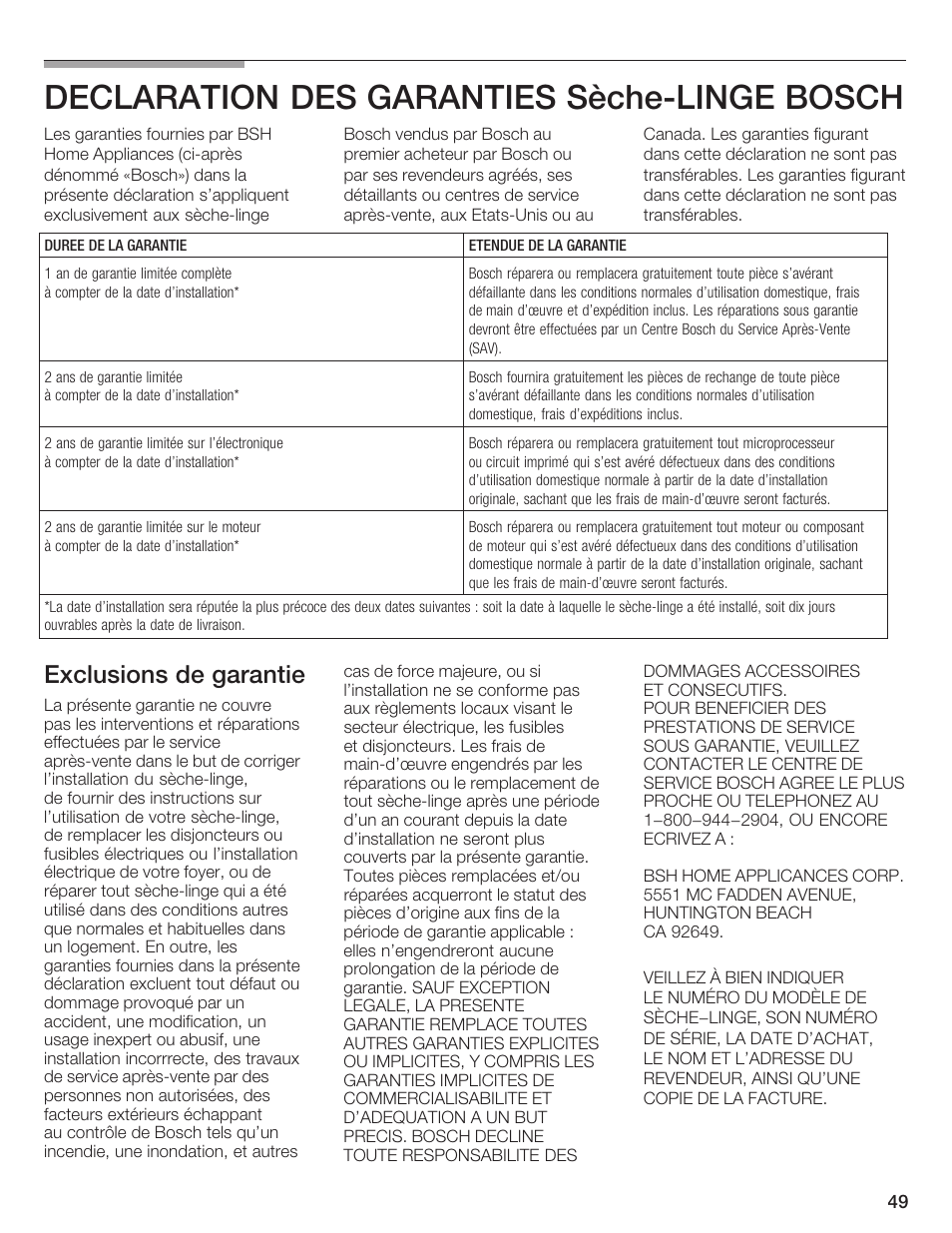 Declaration des garanties sèchećlinge bosch, Exclusions de garantie | Bosch WTA 4410 CN User Manual | Page 49 / 76