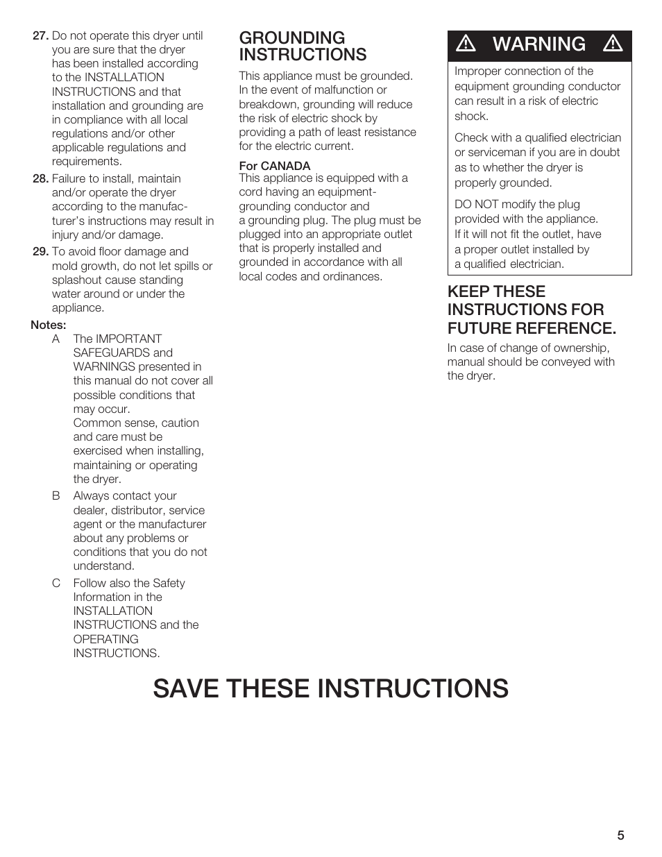 Save these instructions, Warning, Grounding instructions | Keep these instructions for future reference | Bosch WTA 4410 CN User Manual | Page 5 / 76