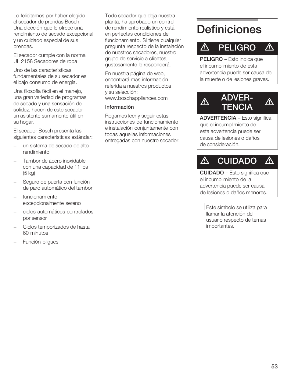 Definiciones, Peligro, Adverć tencia | Cuidado | Bosch WTA 4410 CN User Manual | Page 53 / 76