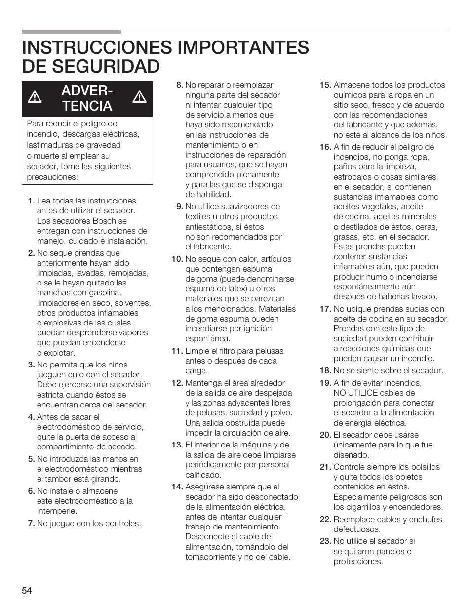 Instrucciones importantes de seguridad, Adverć tencia | Bosch WTA 4410 CN User Manual | Page 54 / 76