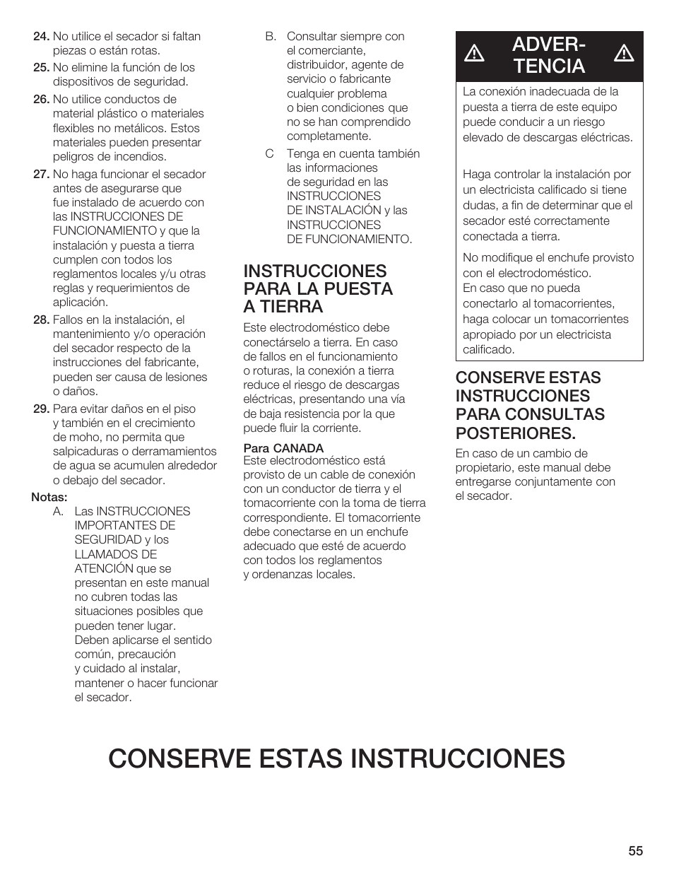 Conserve estas instrucciones, Adverć tencia, Instrucciones para la puesta a tierra | Bosch WTA 4410 CN User Manual | Page 55 / 76