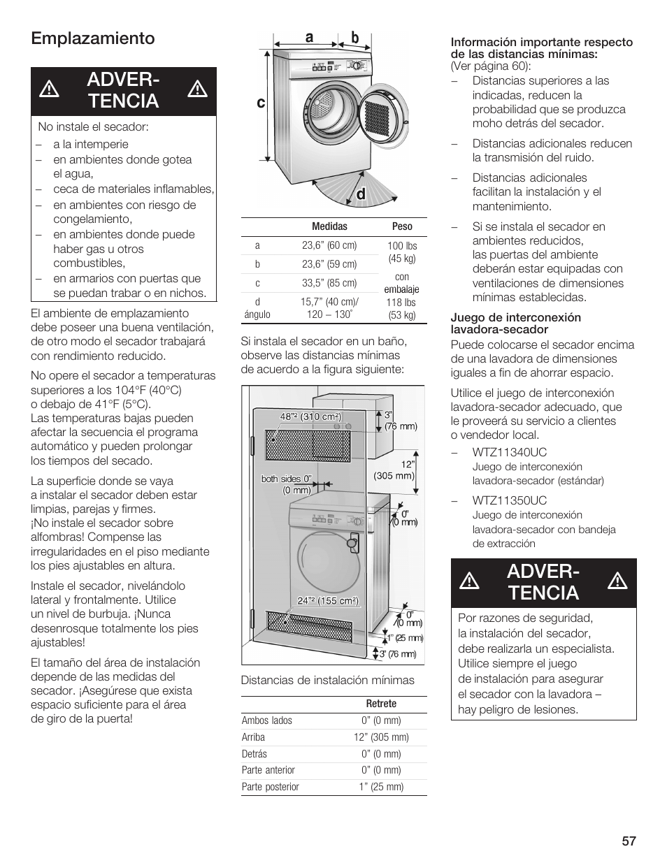 Adverć tencia, Emplazamiento | Bosch WTA 4410 CN User Manual | Page 57 / 76