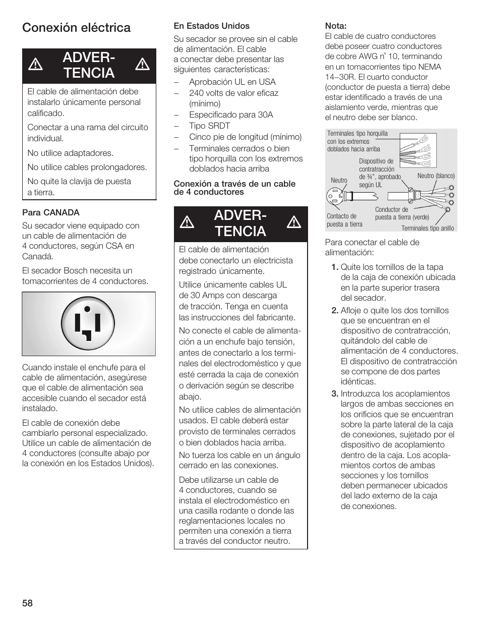 Adverć tencia, Conexión eléctrica | Bosch WTA 4410 CN User Manual | Page 58 / 76