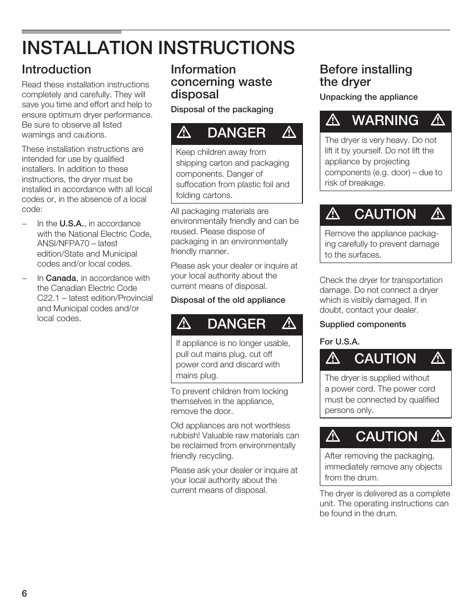 Installation instructions, Danger, Warning | Caution, Introduction, Information concerning waste disposal, Before installing the dryer | Bosch WTA 4410 CN User Manual | Page 6 / 76