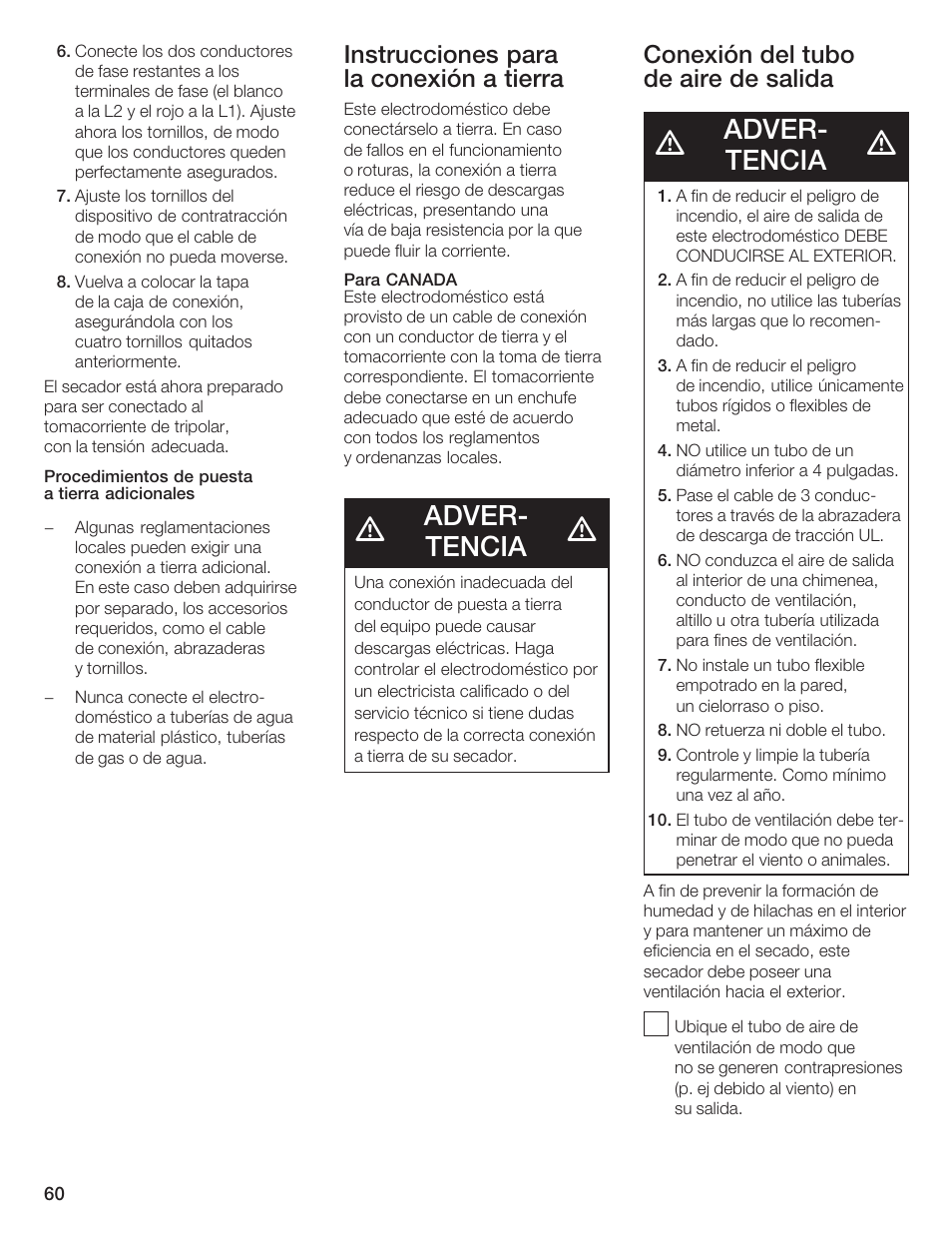 Adverć tencia, Instrucciones para la conexión a tierra, Conexión del tubo de aire de salida | Bosch WTA 4410 CN User Manual | Page 60 / 76