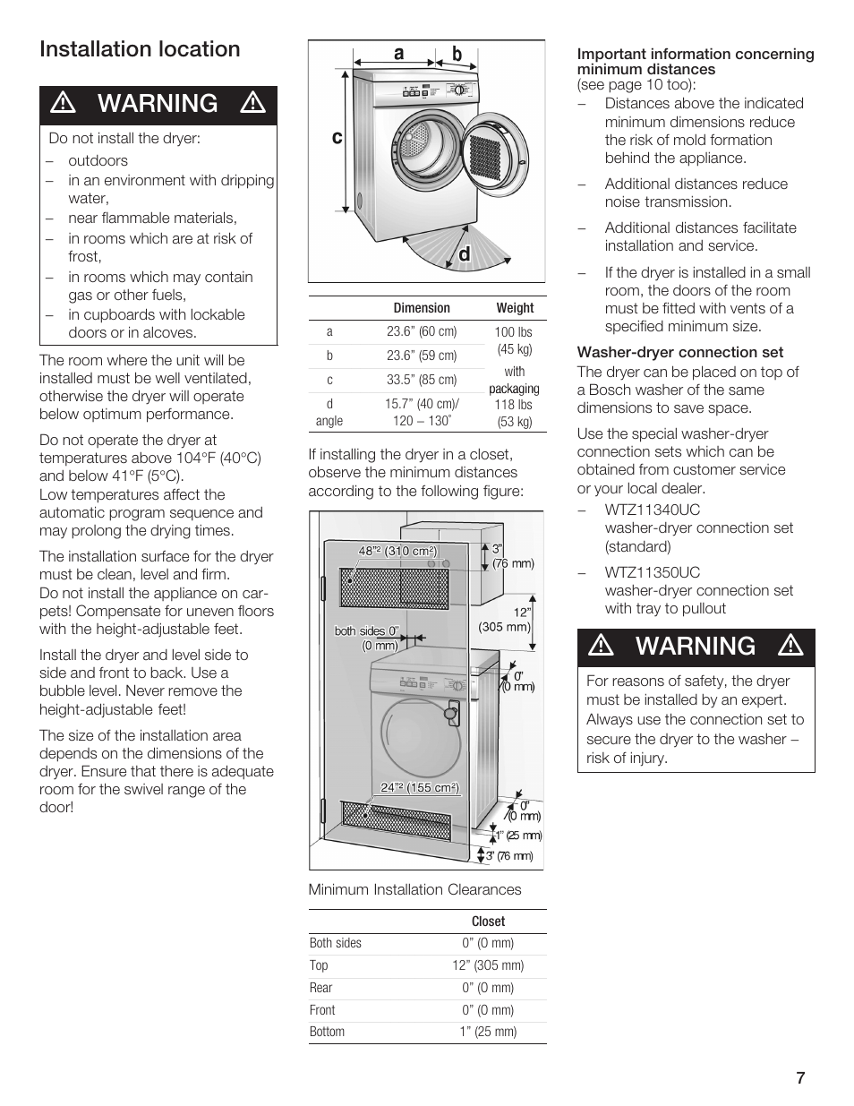 Warning, Installation location | Bosch WTA 4410 CN User Manual | Page 7 / 76