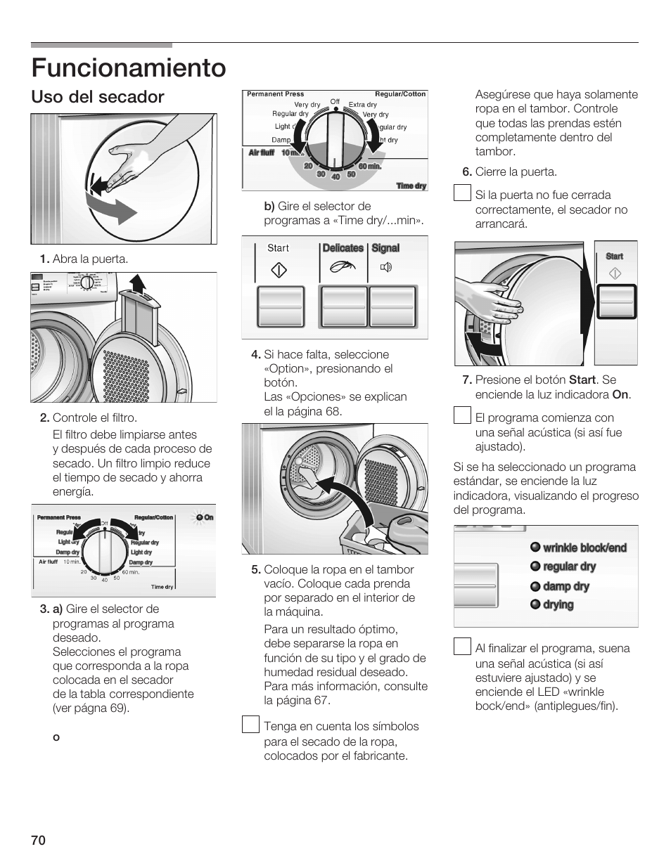 Funcionamiento, Uso del secador | Bosch WTA 4410 CN User Manual | Page 70 / 76