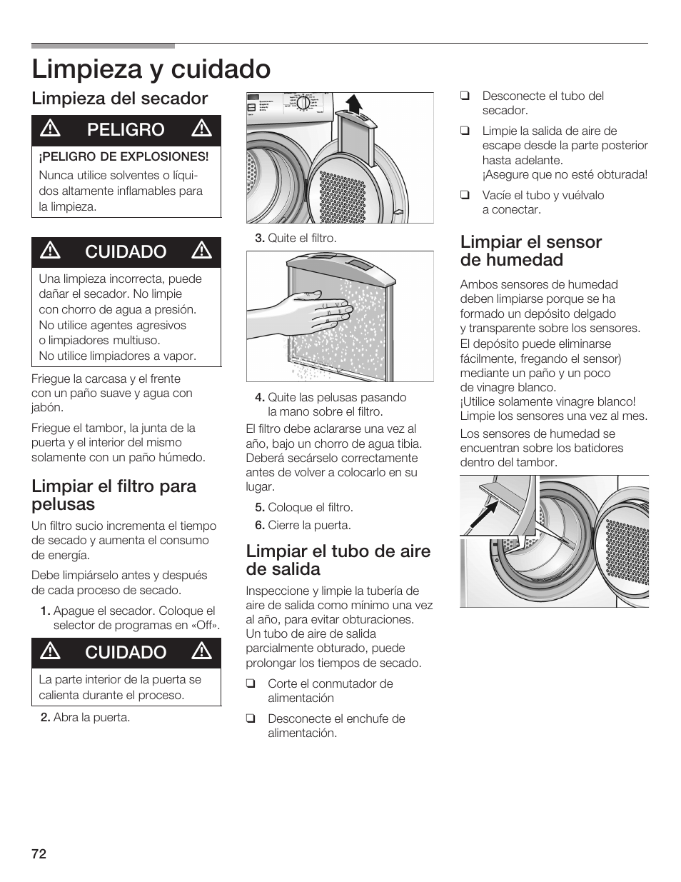 Limpieza y cuidado, Limpieza del secador, Peligro | Cuidado, Limpiar el filtro para pelusas, Limpiar el tubo de aire de salida, Limpiar el sensor de humedad | Bosch WTA 4410 CN User Manual | Page 72 / 76