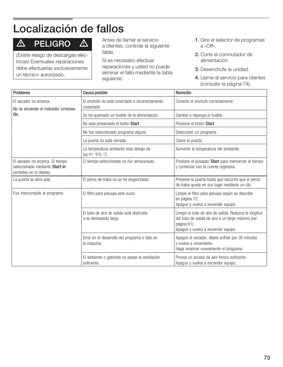 Localización de fallos, Peligro | Bosch WTA 4410 CN User Manual | Page 73 / 76