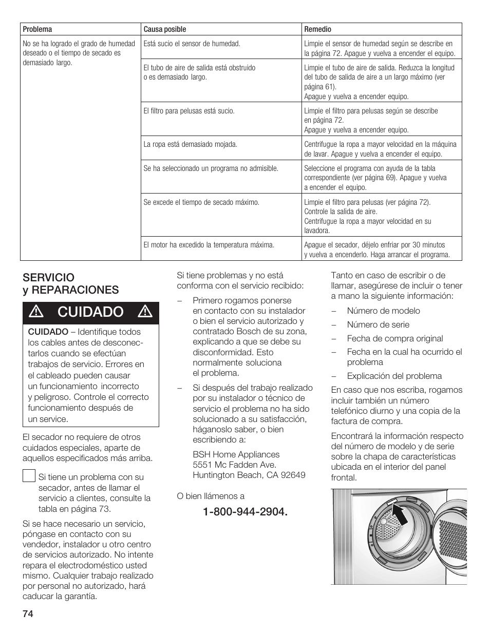 Cuidado, Servicio y reparaciones | Bosch WTA 4410 CN User Manual | Page 74 / 76