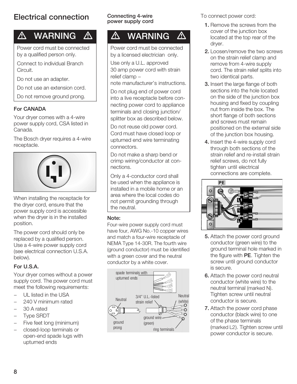 Warning, Electrical connection | Bosch WTA 4410 CN User Manual | Page 8 / 76