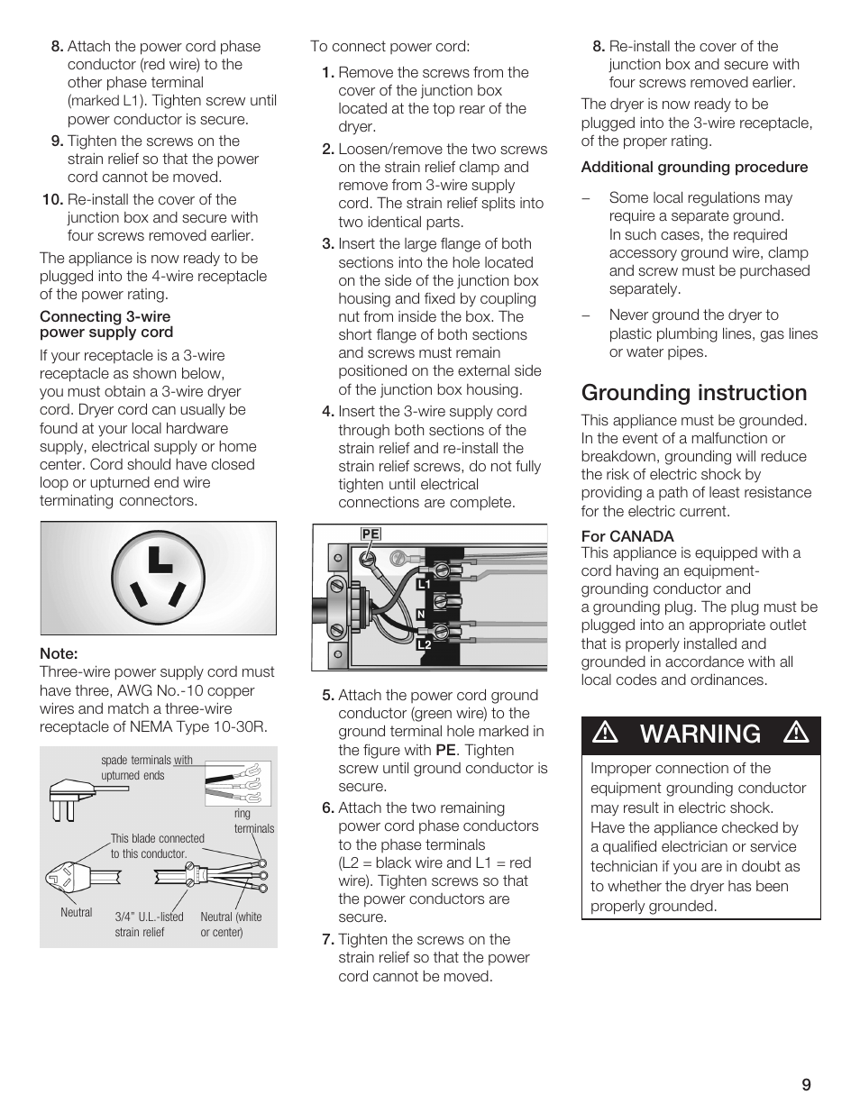 Warning, Grounding instruction | Bosch WTA 4410 CN User Manual | Page 9 / 76