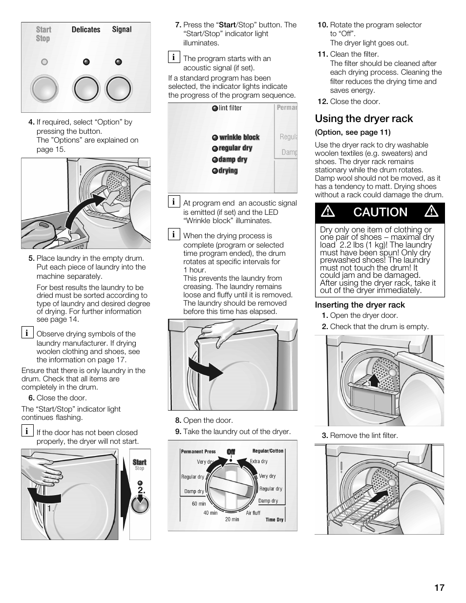 Caution, Using the dryer rack | Bosch WTMC1501UC User Manual | Page 17 / 68