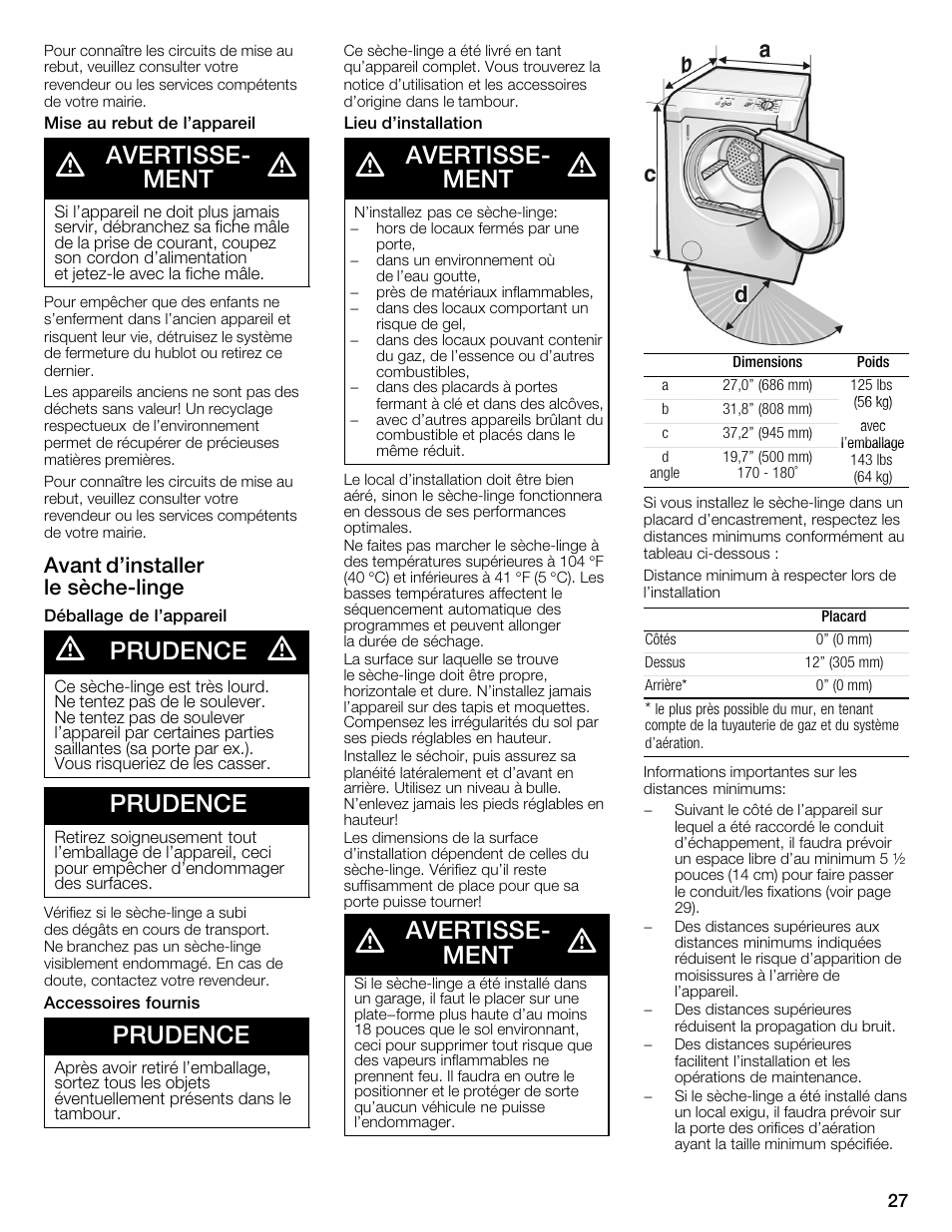 Avertisseć ment, Prudence, Avant d'installer le sèchećlinge | Bosch WTMC1501UC User Manual | Page 27 / 68