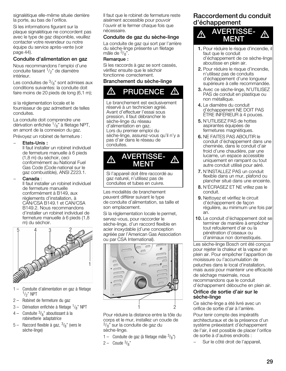 Prudence, Avertisseć ment, Raccordement du conduit d'échappement | Bosch WTMC1501UC User Manual | Page 29 / 68