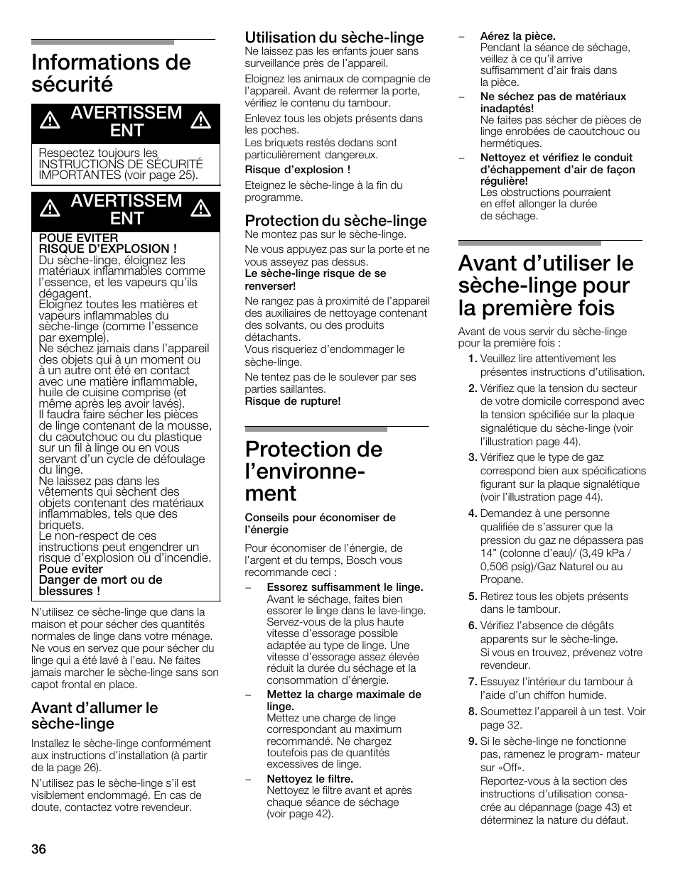 Informations de sécurité d, Protection de l'environneć ment, Avertissem ent | Avant d'allumer le sèchećlinge, Utilisation du sèchećlinge, Protection du sèchećlinge | Bosch WTMC1501UC User Manual | Page 36 / 68