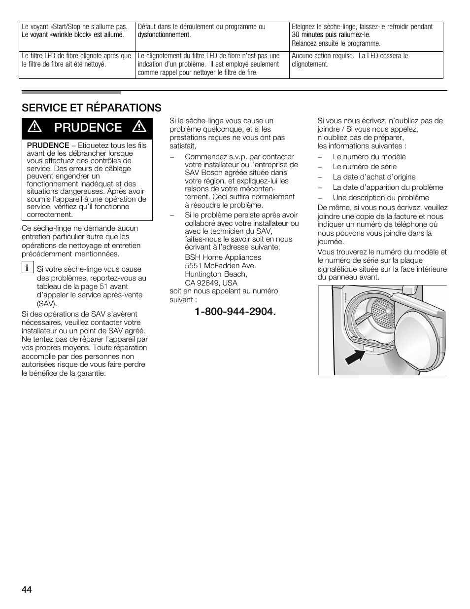 Prudence, Service et réparations | Bosch WTMC1501UC User Manual | Page 44 / 68