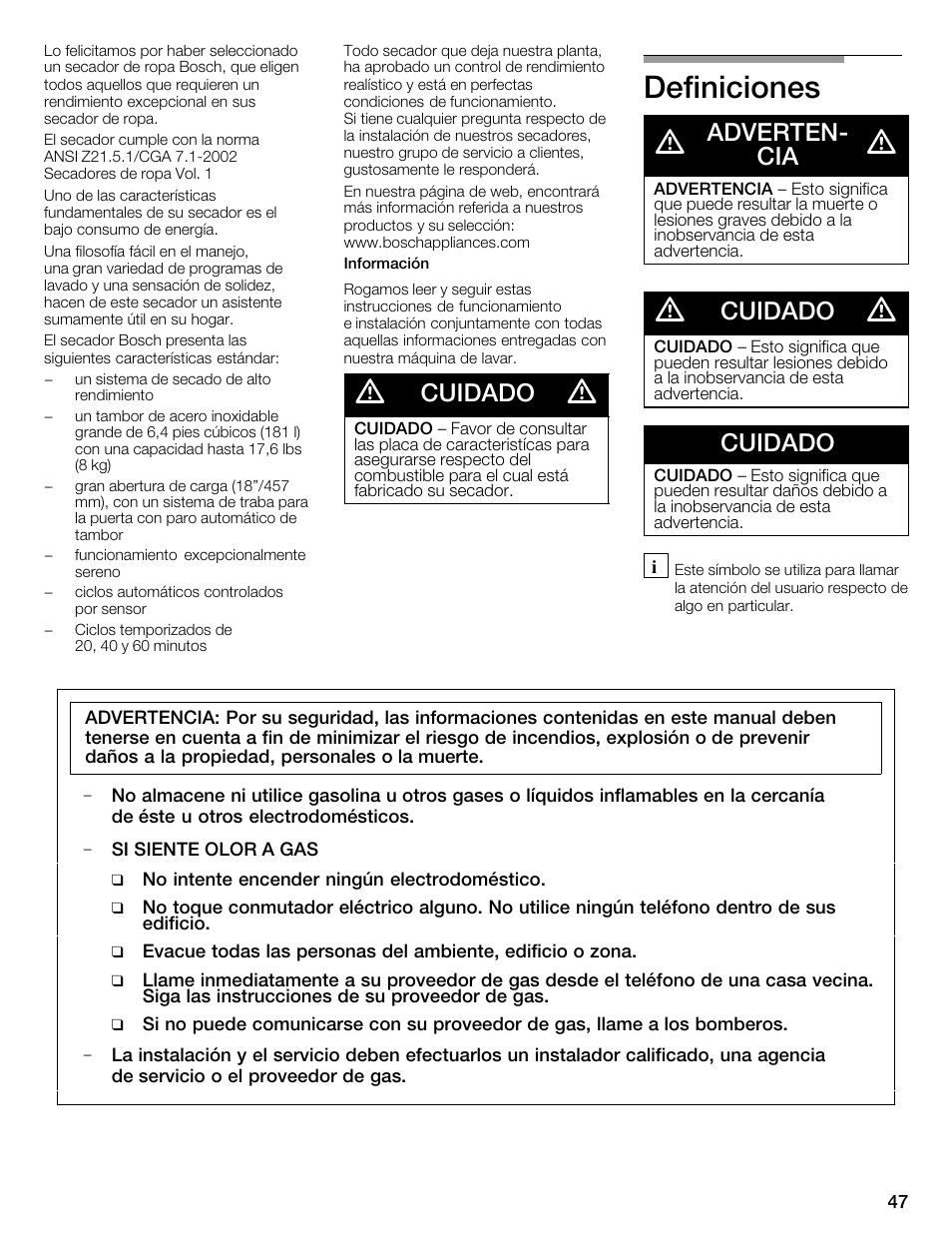 Definiciones d, Cuidado, Advertenć cia | Bosch WTMC1501UC User Manual | Page 47 / 68