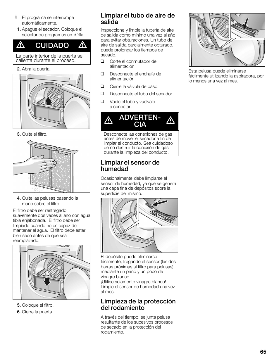 Cuidado, Advertenć cia, Limpiar el tubo de aire de salida | Limpiar el sensor de humedad, Limpieza de la protección del rodamiento | Bosch WTMC1501UC User Manual | Page 65 / 68