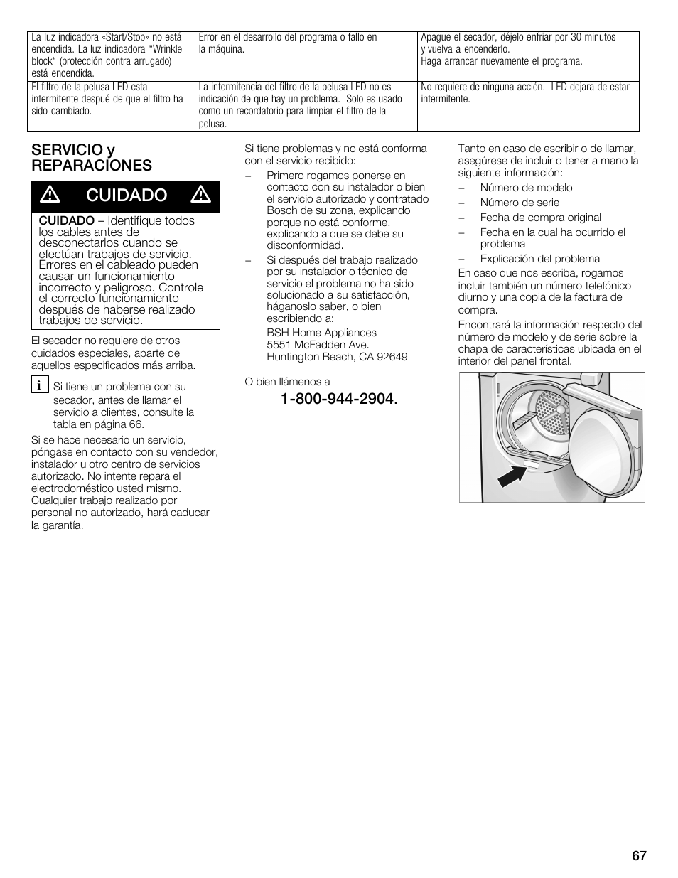 Cuidado, Servicio y reparaciones | Bosch WTMC1501UC User Manual | Page 67 / 68