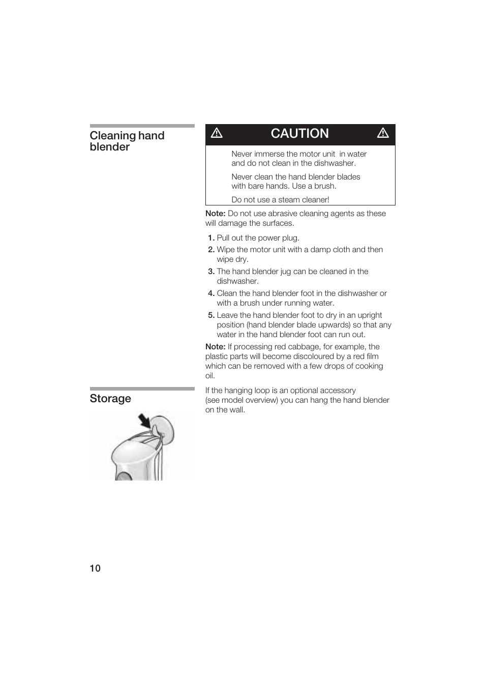 Dcaution d, Cleaning hand blender storage | Bosch MSM 5000 UC User Manual | Page 10 / 36