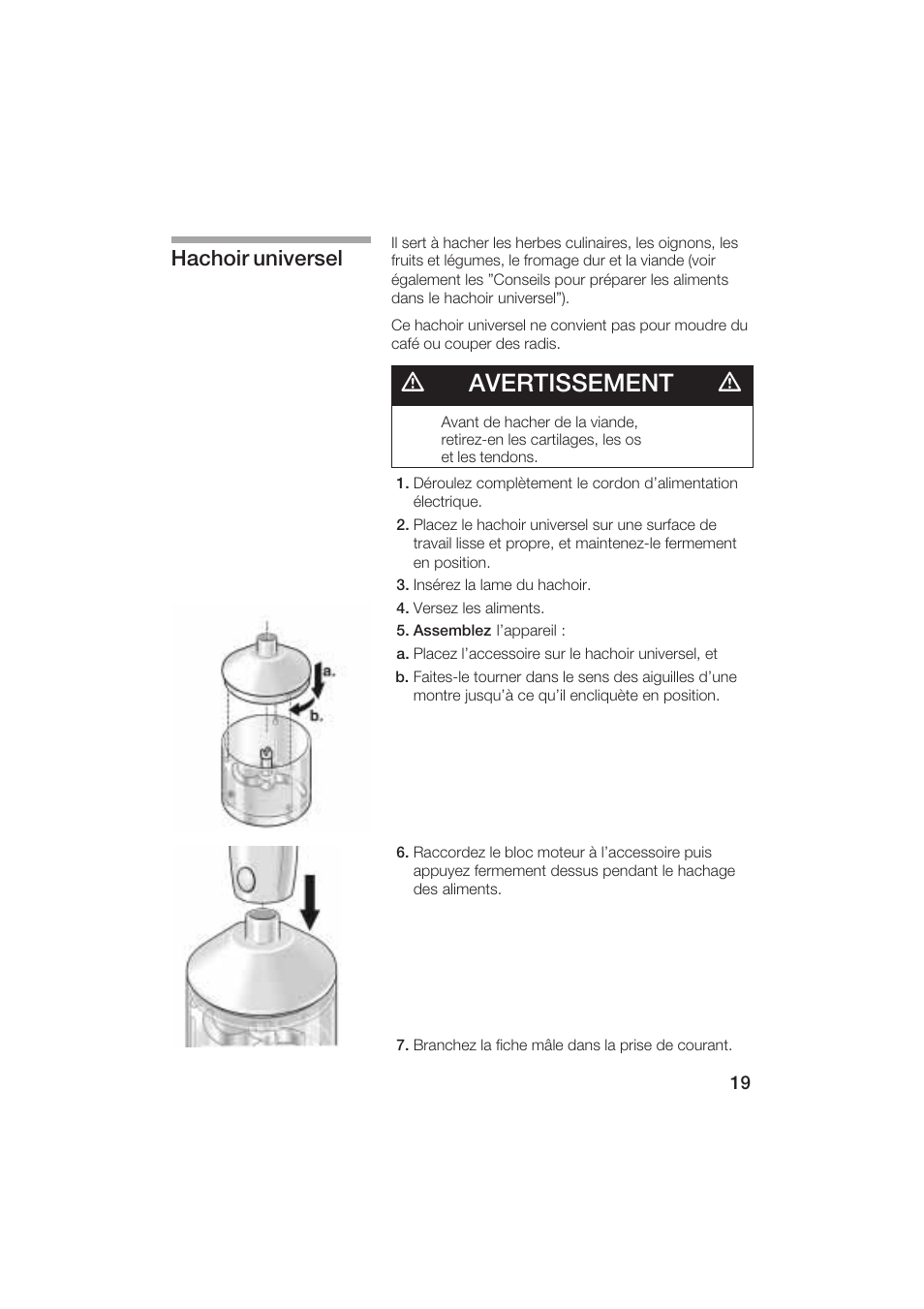 Davertissement d, Hachoir universel | Bosch MSM 5000 UC User Manual | Page 19 / 36