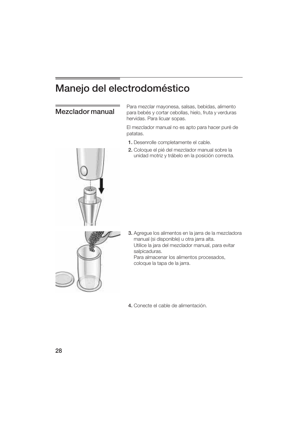 Manejo del electrodoméstico, Mezclador manual | Bosch MSM 5000 UC User Manual | Page 28 / 36