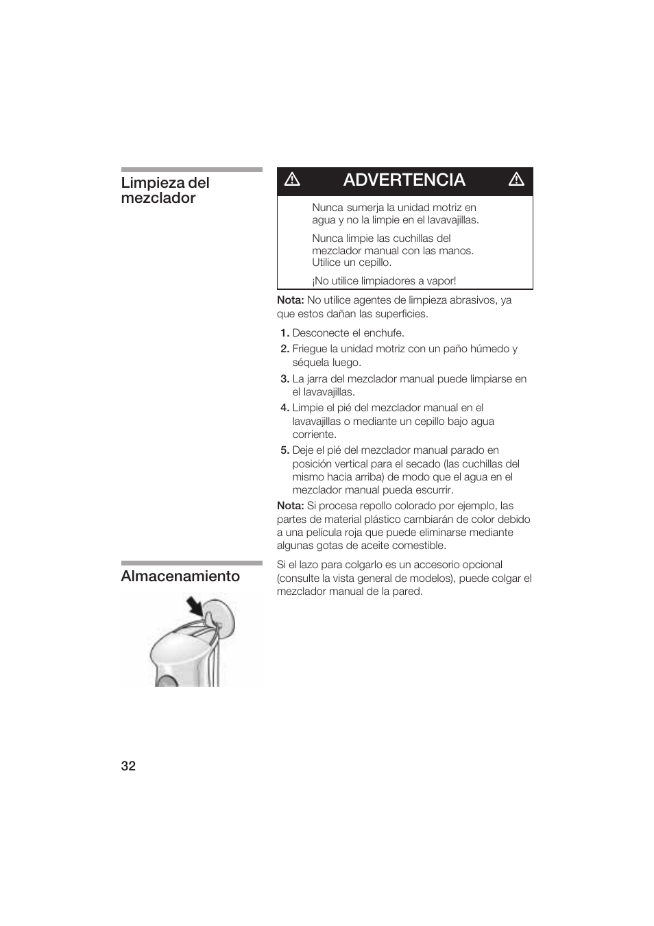 Dadvertencia d, Limpieza del mezclador almacenamiento | Bosch MSM 5000 UC User Manual | Page 32 / 36