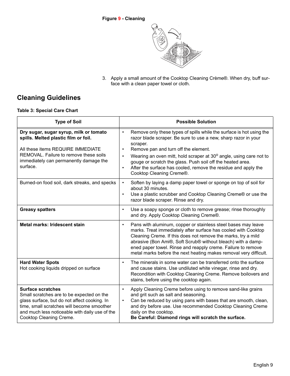Cleaning guidelines, Table 3: special care chart | Bosch BOSCH Cooktop User Manual | Page 11 / 40
