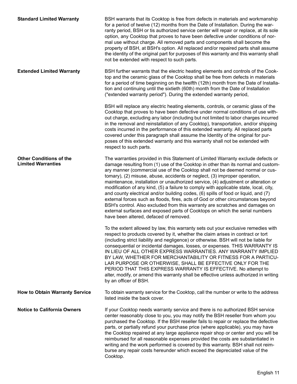 Standard limited warranty, Extended limited warranty, Other conditions of the limited warranties | How to obtain warranty service, Notice to california owners | Bosch BOSCH Cooktop User Manual | Page 13 / 40