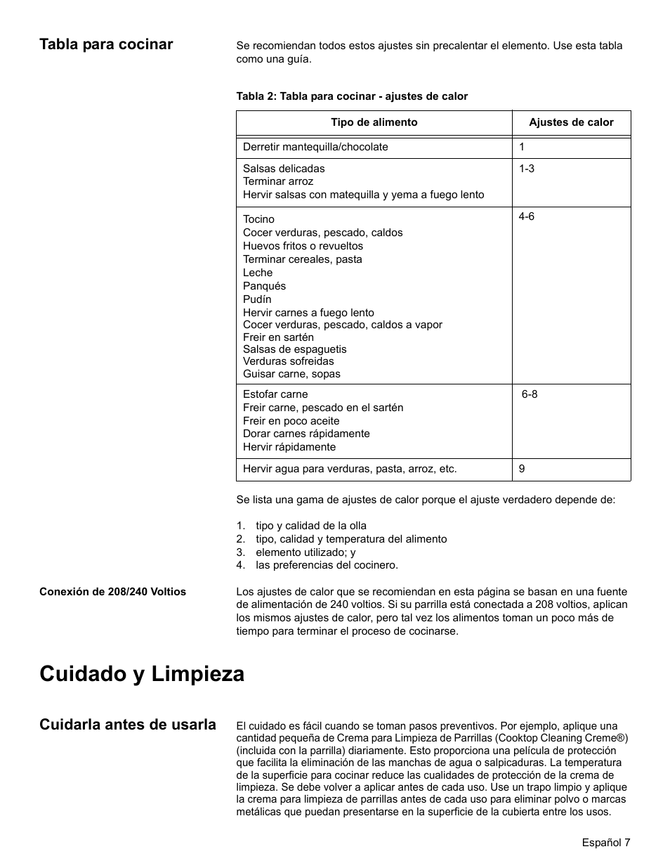 Tabla para cocinar, Tabla 2: tabla para cocinar - ajustes de calor, Tipo y calidad de la olla | Tipo, calidad y temperatura del alimento, Elemento utilizado; y, Las preferencias del cocinero, Conexión de 208/240 voltios, Cuidado y limpieza, Cuidarla antes de usarla | Bosch BOSCH Cooktop User Manual | Page 33 / 40