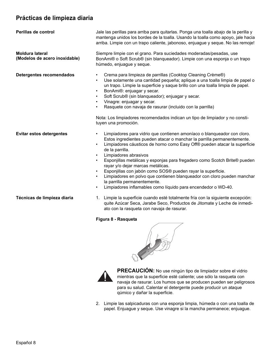 Prácticas de limpieza diaria, Perillas de control, Moldura lateral (modelos de acero inoxidable) | Detergentes recomendados, Evitar estos detergentes, Técnicas de limpieza diaria | Bosch BOSCH Cooktop User Manual | Page 34 / 40