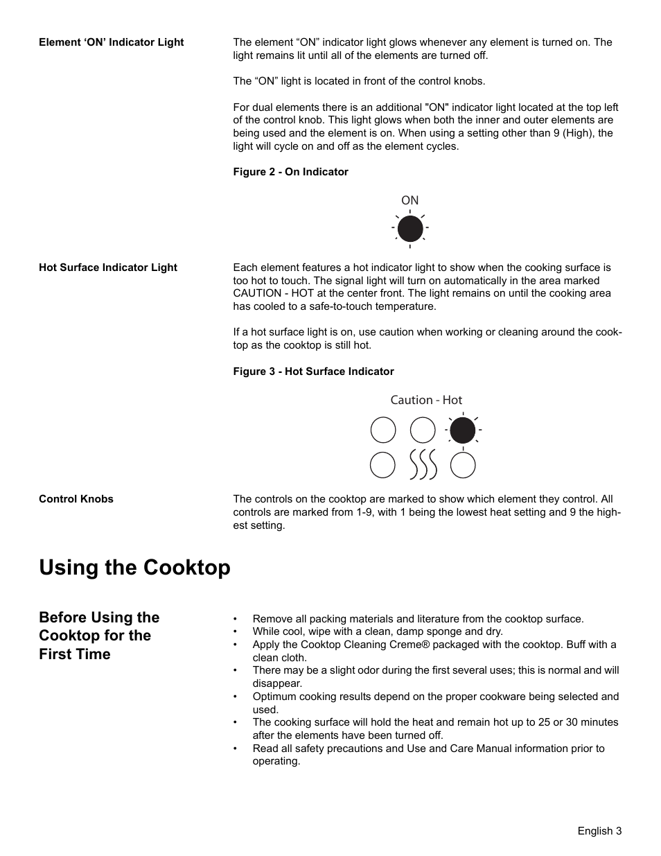 Element ‘on’ indicator light, Hot surface indicator light, Control knobs | Using the cooktop, Before using the cooktop for the first time | Bosch BOSCH Cooktop User Manual | Page 5 / 40