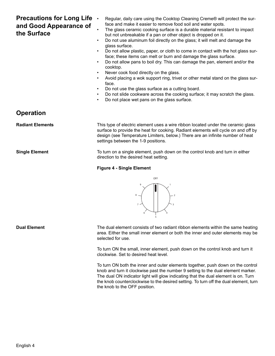 Operation, Radiant elements, Single element | Dual element | Bosch BOSCH Cooktop User Manual | Page 6 / 40