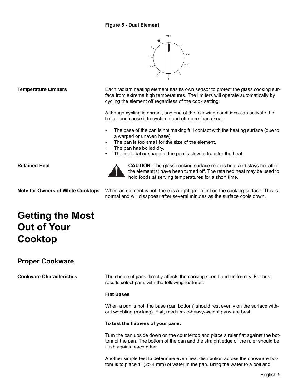 Temperature limiters, Retained heat, Note for owners of white cooktops | Getting the most out of your cooktop, Proper cookware, Cookware characteristics | Bosch BOSCH Cooktop User Manual | Page 7 / 40