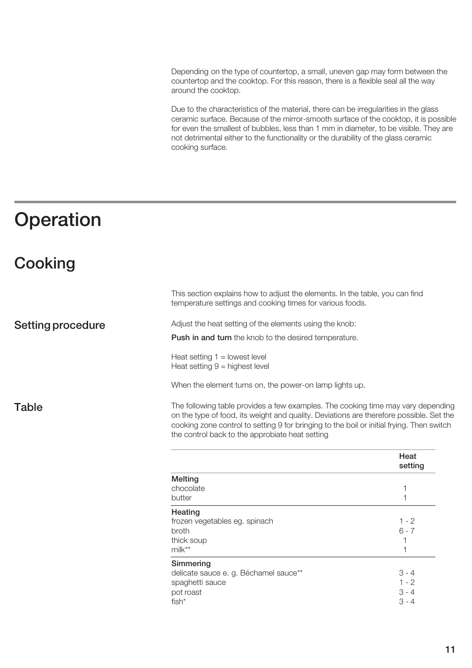 Operation, Cooking, Setting procedure table | Bosch NEM 74 User Manual | Page 11 / 48