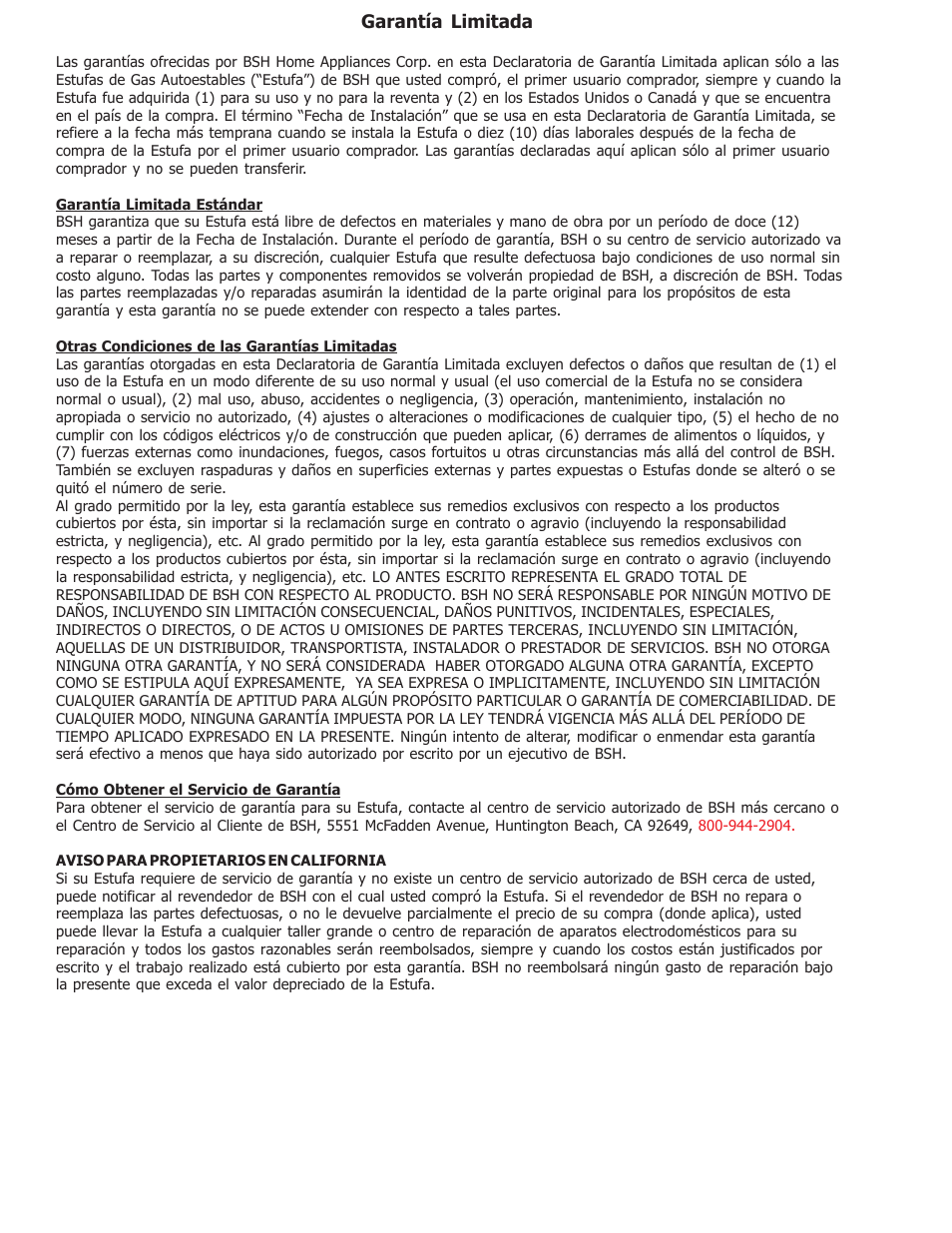 Garantía limitada | Bosch BOSCH GAS FREE-STANDING CONVECTION RANGE User Manual | Page 103 / 104
